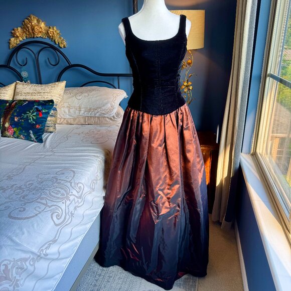 Gunne Sax Jessica McClintock Black Velvet Copper Ball Gown Vintage - Picture 2 of 16